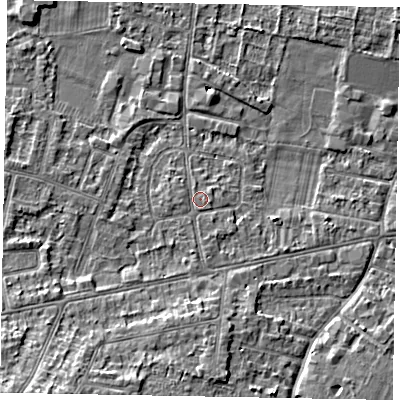 Shaded relief map of the ground around SL45LB, computed from Environment Agency LiDAR. The ground here sits at about 22 m above sea level and falls 11 m across the surrounding 800 m. Surface water reaching this point runs off ground lying to the south-south-east, 0.7 m higher.