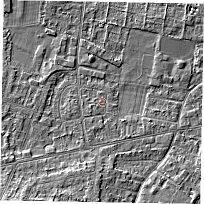 Shaded relief map of the ground around SL45LD, computed from Environment Agency LiDAR. The ground here sits at about 21 m above sea level and falls 9 m across the surrounding 800 m. Surface water reaching this point runs off ground lying to the south-south-west, 1.5 m higher.