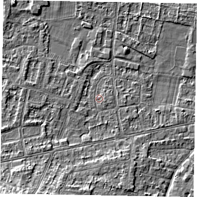 Shaded relief map of the ground around SL45LE, computed from Environment Agency LiDAR. The ground here sits at about 22 m above sea level and falls 11 m across the surrounding 800 m. Surface water reaching this point runs off ground lying to the south-west, 8.7 m higher.