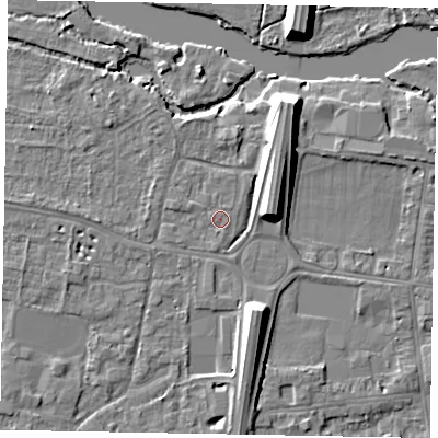 Shaded relief map of the ground around SL45LG, computed from Environment Agency LiDAR. The ground here sits at about 21 m above sea level and falls 10 m across the surrounding 800 m. Surface water reaching this point runs off ground lying to the south, 0.5 m higher.