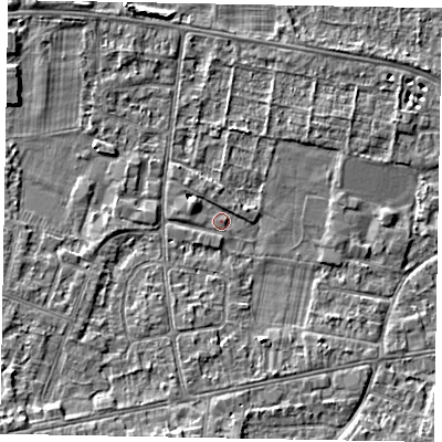 Shaded relief map of the ground around SL45LH, computed from Environment Agency LiDAR. The ground here sits at about 21 m above sea level and falls 6 m across the surrounding 800 m. Surface water reaching this point runs off ground lying to the south-west, 5.8 m higher.