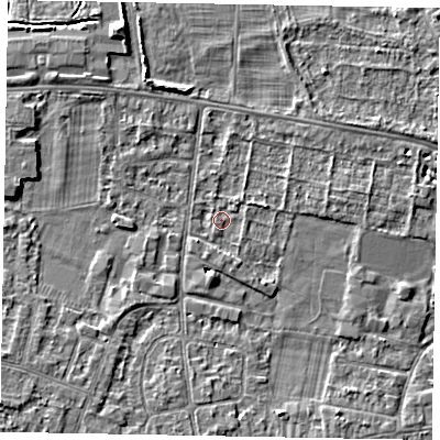 Shaded relief map of the ground around SL45LJ, computed from Environment Agency LiDAR. The ground here sits at about 21 m above sea level and falls 4 m across the surrounding 800 m. Surface water reaching this point runs off ground lying to the south-west, 1.4 m higher.