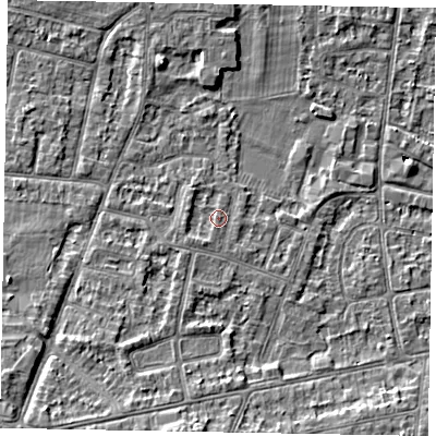 Shaded relief map of the ground around SL45LY, computed from Environment Agency LiDAR. The ground here sits at about 22 m above sea level and falls 8 m across the surrounding 800 m. Surface water reaching this point runs off ground lying to the south-south-west, 1.1 m higher.