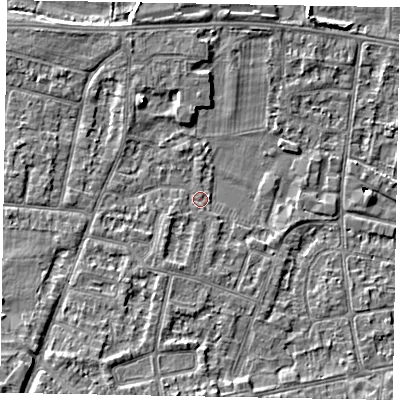 Shaded relief map of the ground around SL45LZ, computed from Environment Agency LiDAR. The ground here sits at about 21 m above sea level and falls 8 m across the surrounding 800 m. Surface water reaching this point runs off ground lying to the south-south-west, 1.7 m higher.