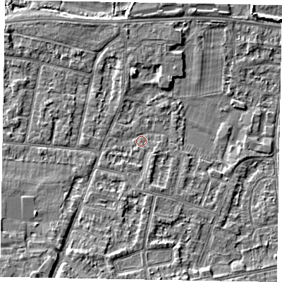 Shaded relief map of the ground around SL45NA, computed from Environment Agency LiDAR. The ground here sits at about 22 m above sea level and falls 7 m across the surrounding 800 m. Surface water reaching this point runs off ground lying to the south-south-west, 3.7 m higher.