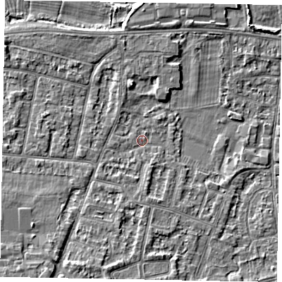 Shaded relief map of the ground around SL45NB, computed from Environment Agency LiDAR. The ground here sits at about 22 m above sea level and falls 7 m across the surrounding 800 m. Surface water reaching this point runs off ground lying to the south-south-west, 3.8 m higher.