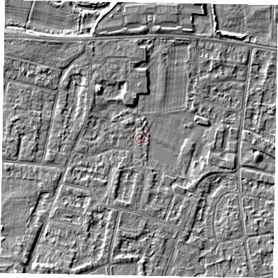 Shaded relief map of the ground around SL45ND, computed from Environment Agency LiDAR. The ground here sits at about 21 m above sea level and falls 7 m across the surrounding 800 m. Surface water reaching this point runs off ground lying to the south-south-west, 4.2 m higher.