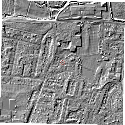Shaded relief map of the ground around SL45NE, computed from Environment Agency LiDAR. The ground here sits at about 21 m above sea level and falls 7 m across the surrounding 800 m. Surface water reaching this point runs off ground lying to the south-west, 5.3 m higher.