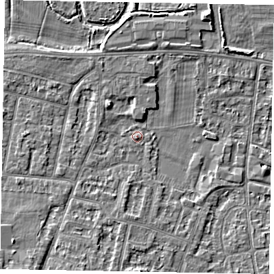 Shaded relief map of the ground around SL45NF, computed from Environment Agency LiDAR. The ground here sits at about 21 m above sea level and falls 7 m across the surrounding 800 m. Surface water reaching this point runs off ground lying to the south-south-west, 4.1 m higher.
