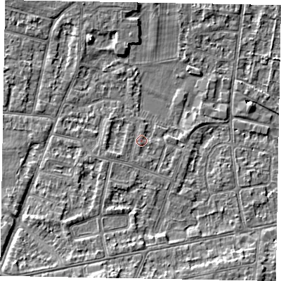 Shaded relief map of the ground around SL45NG, computed from Environment Agency LiDAR. The ground here sits at about 22 m above sea level and falls 8 m across the surrounding 800 m. Surface water reaching this point runs off ground lying to the west-south-west, 1.2 m higher.