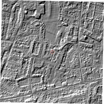 Shaded relief map of the ground around SL45NH, computed from Environment Agency LiDAR. The ground here sits at about 22 m above sea level and falls 9 m across the surrounding 800 m. Surface water reaching this point runs off ground lying to the south-west, 5.0 m higher.
