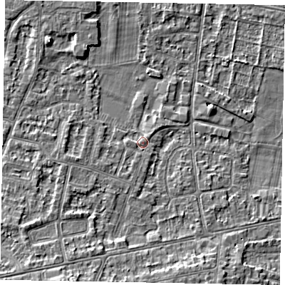 Shaded relief map of the ground around SL45NL, computed from Environment Agency LiDAR. The ground here sits at about 22 m above sea level and falls 8 m across the surrounding 800 m. Surface water reaching this point runs off ground lying to the south-west, 5.8 m higher.