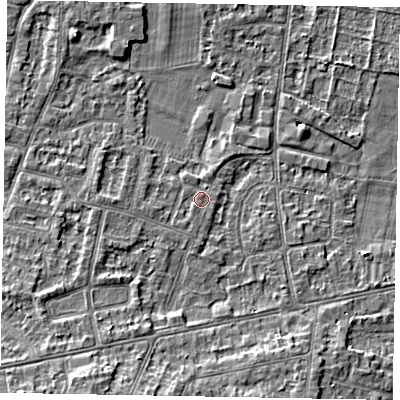 Shaded relief map of the ground around SL45NW, computed from Environment Agency LiDAR. The ground here sits at about 22 m above sea level and falls 9 m across the surrounding 800 m. Surface water reaching this point runs off ground lying to the south-south-west, 1.0 m higher.