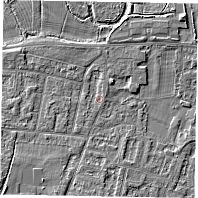 Shaded relief map of the ground around SL45PF, computed from Environment Agency LiDAR. The ground here sits at about 22 m above sea level and falls 9 m across the surrounding 800 m. Surface water reaching this point runs off ground lying to the south-west, 1.5 m higher.