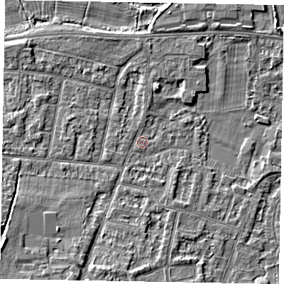 Shaded relief map of the ground around SL45PG, computed from Environment Agency LiDAR. The ground here sits at about 22 m above sea level and falls 9 m across the surrounding 800 m. Surface water reaching this point runs off ground lying to the south-west, 6.8 m higher.