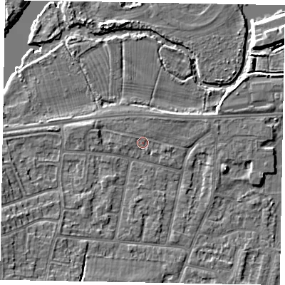 Shaded relief map of the ground around SL45PJ, computed from Environment Agency LiDAR. The ground here sits at about 22 m above sea level and falls 8 m across the surrounding 800 m. Surface water reaching this point runs off ground lying to the west-north-west, 0.5 m higher.