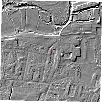 Shaded relief map of the ground around SL45PL, computed from Environment Agency LiDAR. The ground here sits at about 21 m above sea level and falls 7 m across the surrounding 800 m. Surface water reaching this point runs off ground lying to the south-west, 5.5 m higher.