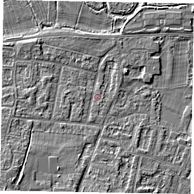 Shaded relief map of the ground around SL45PN, computed from Environment Agency LiDAR. The ground here sits at about 22 m above sea level and falls 9 m across the surrounding 800 m. Surface water reaching this point runs off ground lying to the west-south-west, 1.2 m higher.