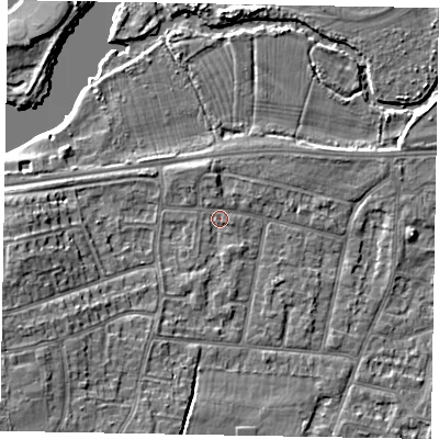 Shaded relief map of the ground around SL45PP, computed from Environment Agency LiDAR. The ground here sits at about 22 m above sea level and falls 9 m across the surrounding 800 m. Surface water reaching this point runs off ground lying to the west-south-west, 6.0 m higher.