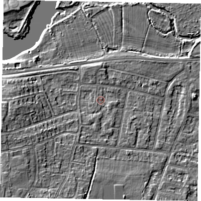 Shaded relief map of the ground around SL45PS, computed from Environment Agency LiDAR. The ground here sits at about 22 m above sea level and falls 10 m across the surrounding 800 m. Surface water reaching this point runs off ground lying to the south-south-west, 2.7 m higher.