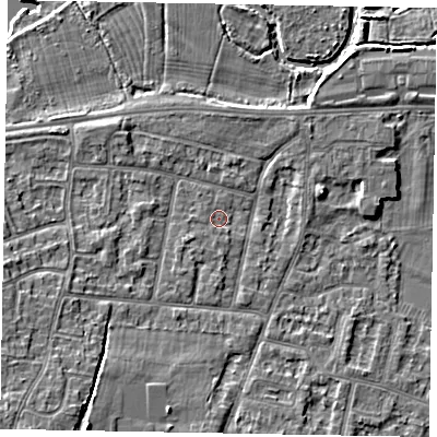 Shaded relief map of the ground around SL45PT, computed from Environment Agency LiDAR. The ground here sits at about 22 m above sea level and falls 10 m across the surrounding 800 m. Surface water reaching this point runs off ground lying to the south-west, 1.9 m higher.