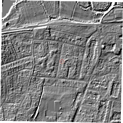 Shaded relief map of the ground around SL45PU, computed from Environment Agency LiDAR. The ground here sits at about 22 m above sea level and falls 10 m across the surrounding 800 m. Surface water reaching this point runs off ground lying to the south-south-west, 6.4 m higher.
