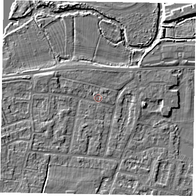 Shaded relief map of the ground around SL45PW, computed from Environment Agency LiDAR. The ground here sits at about 22 m above sea level and falls 8 m across the surrounding 800 m. Surface water reaching this point runs off ground lying to the south-west, 5.7 m higher.