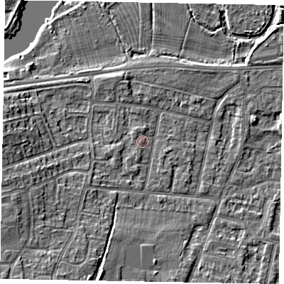 Shaded relief map of the ground around SL45PX, computed from Environment Agency LiDAR. The ground here sits at about 22 m above sea level and falls 10 m across the surrounding 800 m. Surface water reaching this point runs off ground lying to the west-north-west, 0.7 m higher.