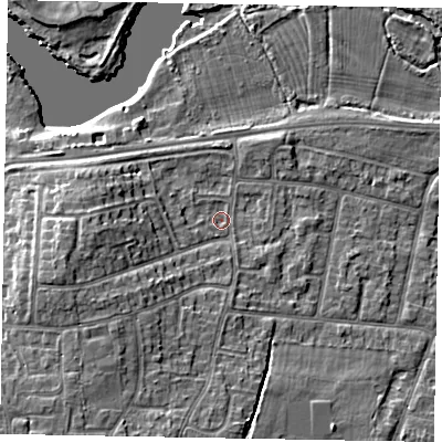 Shaded relief map of the ground around SL45QY, computed from Environment Agency LiDAR. The ground here sits at about 22 m above sea level and falls 10 m across the surrounding 800 m. Surface water reaching this point runs off ground lying to the west-south-west, 6.2 m higher.