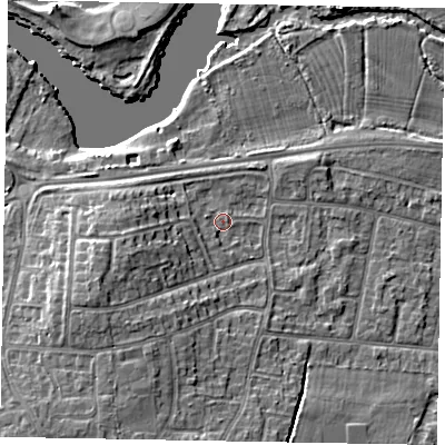 Shaded relief map of the ground around SL45QZ, computed from Environment Agency LiDAR. The ground here sits at about 22 m above sea level and falls 10 m across the surrounding 800 m. Surface water reaching this point runs off ground lying to the west-south-west, 5.2 m higher.