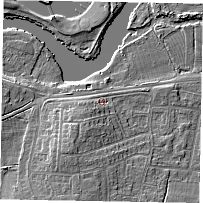 Shaded relief map of the ground around SL45SE, computed from Environment Agency LiDAR. The ground here sits at about 24 m above sea level and falls 10 m across the surrounding 800 m. Surface water reaching this point runs off ground lying to the south-west, 4.6 m higher.
