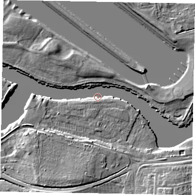 Shaded relief map of the ground around SL45TG, computed from Environment Agency LiDAR. The ground here sits at about 19 m above sea level and falls 9 m across the surrounding 800 m. Surface water reaching this point runs off ground lying to the south-south-west, 9.4 m higher.