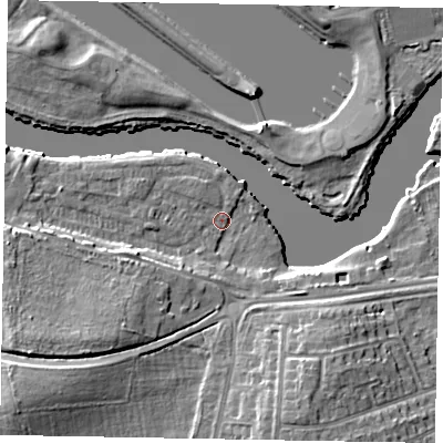 Shaded relief map of the ground around SL45TH, computed from Environment Agency LiDAR. The ground here sits at about 21 m above sea level and falls 10 m across the surrounding 800 m. Surface water reaching this point runs off ground lying to the south-west, 8.1 m higher.