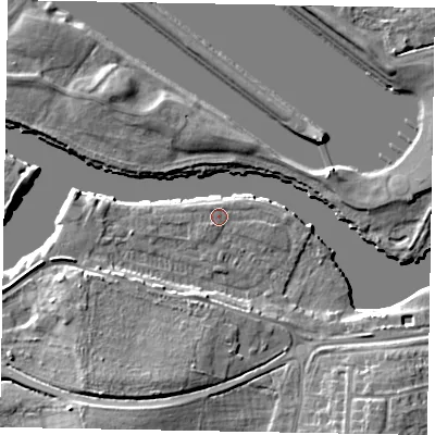 Shaded relief map of the ground around SL45TL, computed from Environment Agency LiDAR. The ground here sits at about 21 m above sea level and falls 10 m across the surrounding 800 m. Surface water reaching this point runs off ground lying to the south-west, 0.8 m higher.