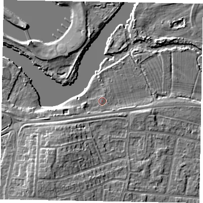 Shaded relief map of the ground around SL45TN, computed from Environment Agency LiDAR. The ground here sits at about 21 m above sea level and falls 10 m across the surrounding 800 m. The ground contributing surface water to this point lies to the south.