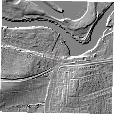 Shaded relief map of the ground around SL45TP, computed from Environment Agency LiDAR. The ground here sits at about 22 m above sea level and falls 10 m across the surrounding 800 m. Surface water reaching this point runs off ground lying to the west-south-west, 8.0 m higher.
