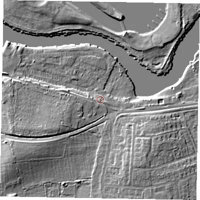 Shaded relief map of the ground around SL45TR, computed from Environment Agency LiDAR. The ground here sits at about 22 m above sea level and falls 10 m across the surrounding 800 m. Surface water reaching this point runs off ground lying to the west-south-west, 1.2 m higher.