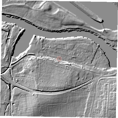 Shaded relief map of the ground around SL45TS, computed from Environment Agency LiDAR. The ground here sits at about 21 m above sea level and falls 10 m across the surrounding 800 m. Surface water reaching this point runs off ground lying to the south-south-east, 5.2 m higher.