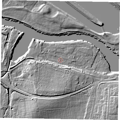 Shaded relief map of the ground around SL45TT, computed from Environment Agency LiDAR. The ground here sits at about 21 m above sea level and falls 10 m across the surrounding 800 m. Surface water reaching this point runs off ground lying to the south-south-west, 7.0 m higher.