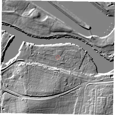 Shaded relief map of the ground around SL45TU, computed from Environment Agency LiDAR. The ground here sits at about 21 m above sea level and falls 10 m across the surrounding 800 m. Surface water reaching this point runs off ground lying to the north, 0.8 m higher.