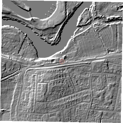 Shaded relief map of the ground around SL45TW, computed from Environment Agency LiDAR. The ground here sits at about 22 m above sea level and falls 10 m across the surrounding 800 m. Surface water reaching this point runs off ground lying to the south-west, 3.5 m higher.