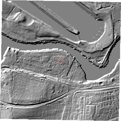 Shaded relief map of the ground around SL45TX, computed from Environment Agency LiDAR. The ground here sits at about 21 m above sea level and falls 10 m across the surrounding 800 m. Surface water reaching this point runs off ground lying to the west-south-west, 0.8 m higher.