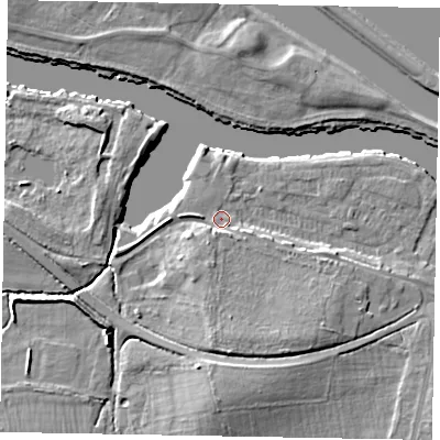 Shaded relief map of the ground around SL45TY, computed from Environment Agency LiDAR. The ground here sits at about 22 m above sea level and falls 10 m across the surrounding 800 m. Surface water reaching this point runs off ground lying to the south-south-east, 2.7 m higher.