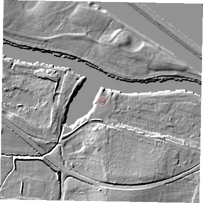 Shaded relief map of the ground around SL45TZ, computed from Environment Agency LiDAR. The ground here sits at about 22 m above sea level and falls 10 m across the surrounding 800 m. The ground contributing surface water to this point lies to the south.