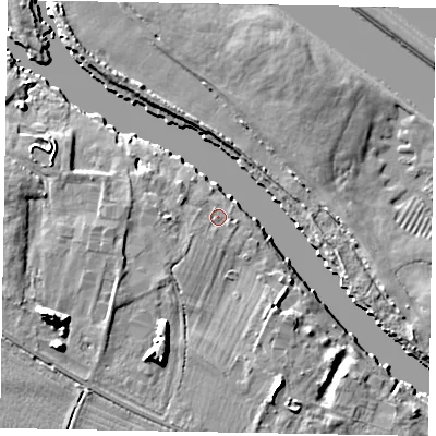 Shaded relief map of the ground around SL45UG, computed from Environment Agency LiDAR. The ground here sits at about 22 m above sea level and falls 12 m across the surrounding 800 m. Surface water reaching this point runs off ground lying to the south-south-west, 2.0 m higher.