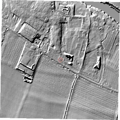 Shaded relief map of the ground around SL45UJ, computed from Environment Agency LiDAR. The ground here sits at about 25 m above sea level and falls 12 m across the surrounding 800 m. Surface water reaching this point runs off ground lying to the north-west, 3.5 m higher.