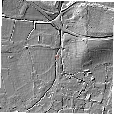 Shaded relief map of the ground around SL45UL, computed from Environment Agency LiDAR. The ground here sits at about 24 m above sea level and falls 11 m across the surrounding 800 m. Surface water reaching this point runs off ground lying to the south, 5.3 m higher.