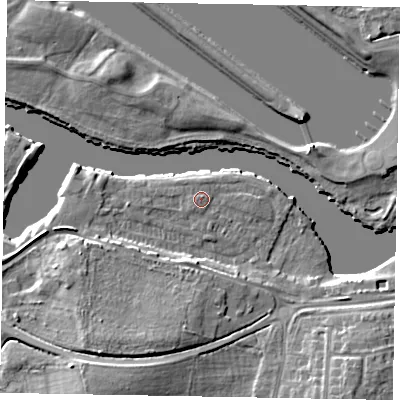 Shaded relief map of the ground around SL45UT, computed from Environment Agency LiDAR. The ground here sits at about 22 m above sea level and falls 10 m across the surrounding 800 m. Surface water reaching this point runs off ground lying to the west-south-west, 0.8 m higher.