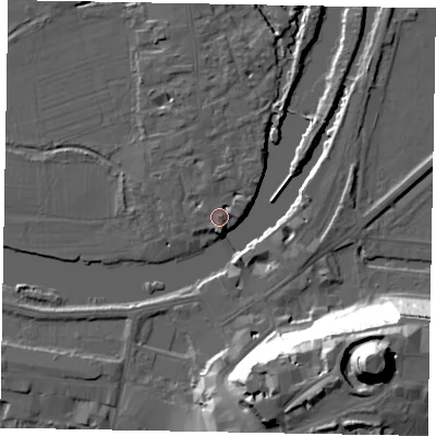 Shaded relief map of the ground around SL46AA, computed from Environment Agency LiDAR. The ground here sits at about 21 m above sea level and falls 48 m across the surrounding 800 m. Surface water reaching this point runs off ground lying to the south, 1.5 m higher.