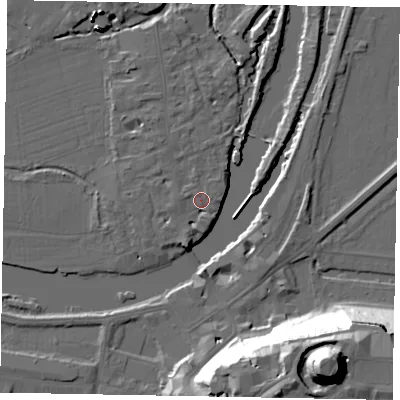 Shaded relief map of the ground around SL46AB, computed from Environment Agency LiDAR. The ground here sits at about 20 m above sea level and falls 48 m across the surrounding 800 m. Surface water reaching this point runs off ground lying to the south-south-west, 3.8 m higher.